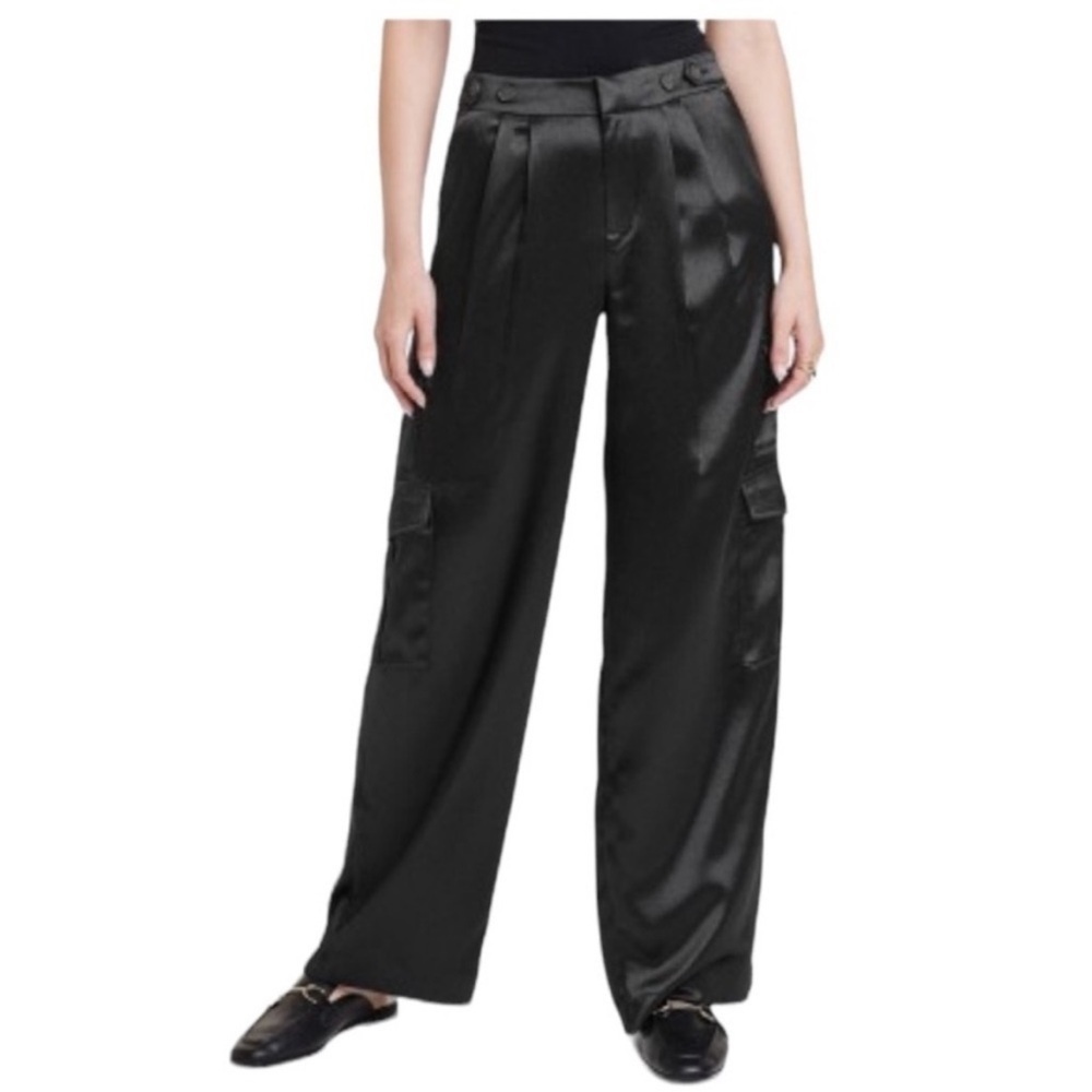 New-a new day-4-black-high-rise, satin, pleated, wide leg, slouchy, cargo pants.